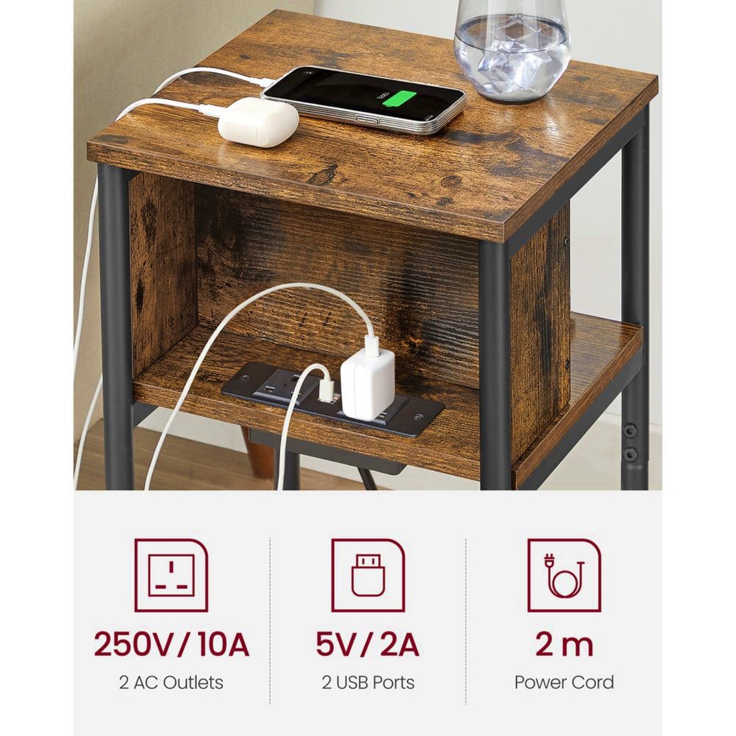 USB Charging Station Side Table Vintage End Sofa Table Industrial Nightstand Rustic Bedside Cabinet