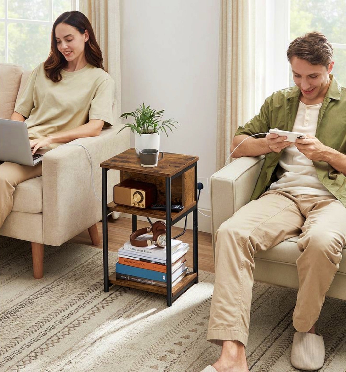 USB Charging Station Side Table Vintage End Sofa Table Industrial Nightstand Rustic Bedside Cabinet