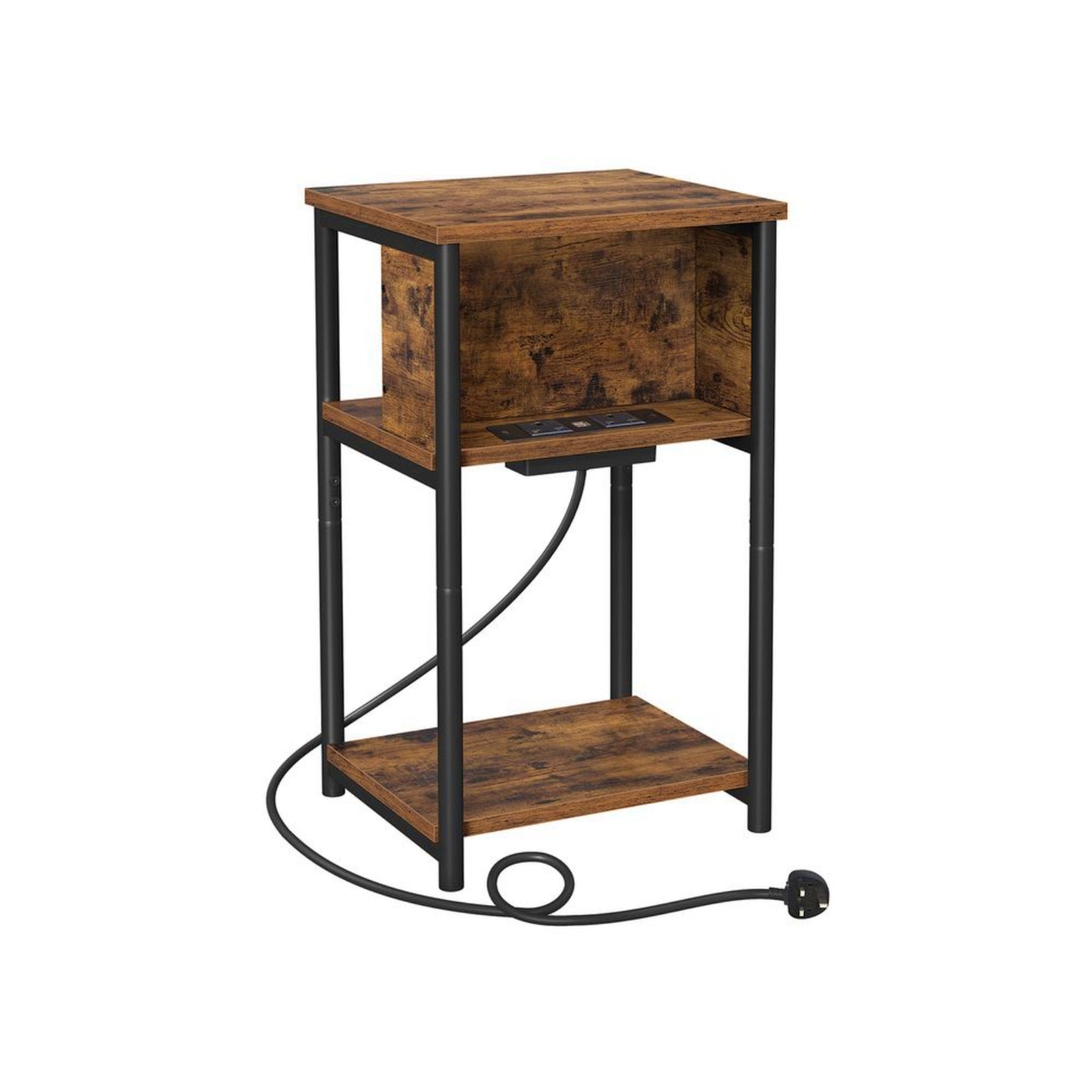 USB Charging Station Side Table Vintage End Sofa Table Industrial Nightstand Rustic Bedside Cabinet