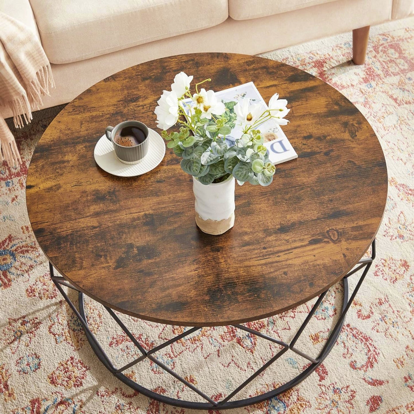 Vintage Coffee Table Industrial Storage Basket Rustic Living Room Sofa Side Stand