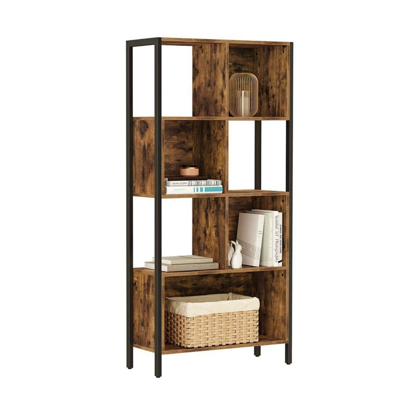 Industrial Vintage Bookcase Large Rustic Shelving Unit Wood Metal Cube Display Cabinet Lounge Brown Black Bookshelf Home Office Storage Furniture