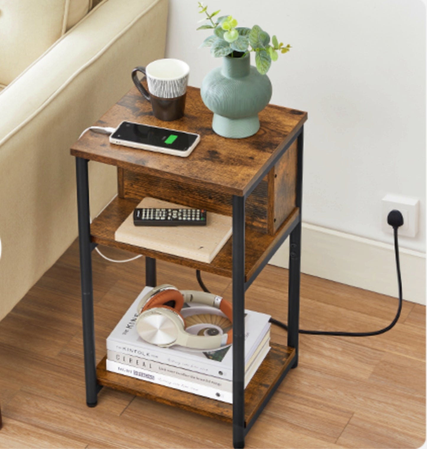 USB Charging Station Side Table Vintage End Sofa Table Industrial Nightstand Rustic Bedside Cabinet