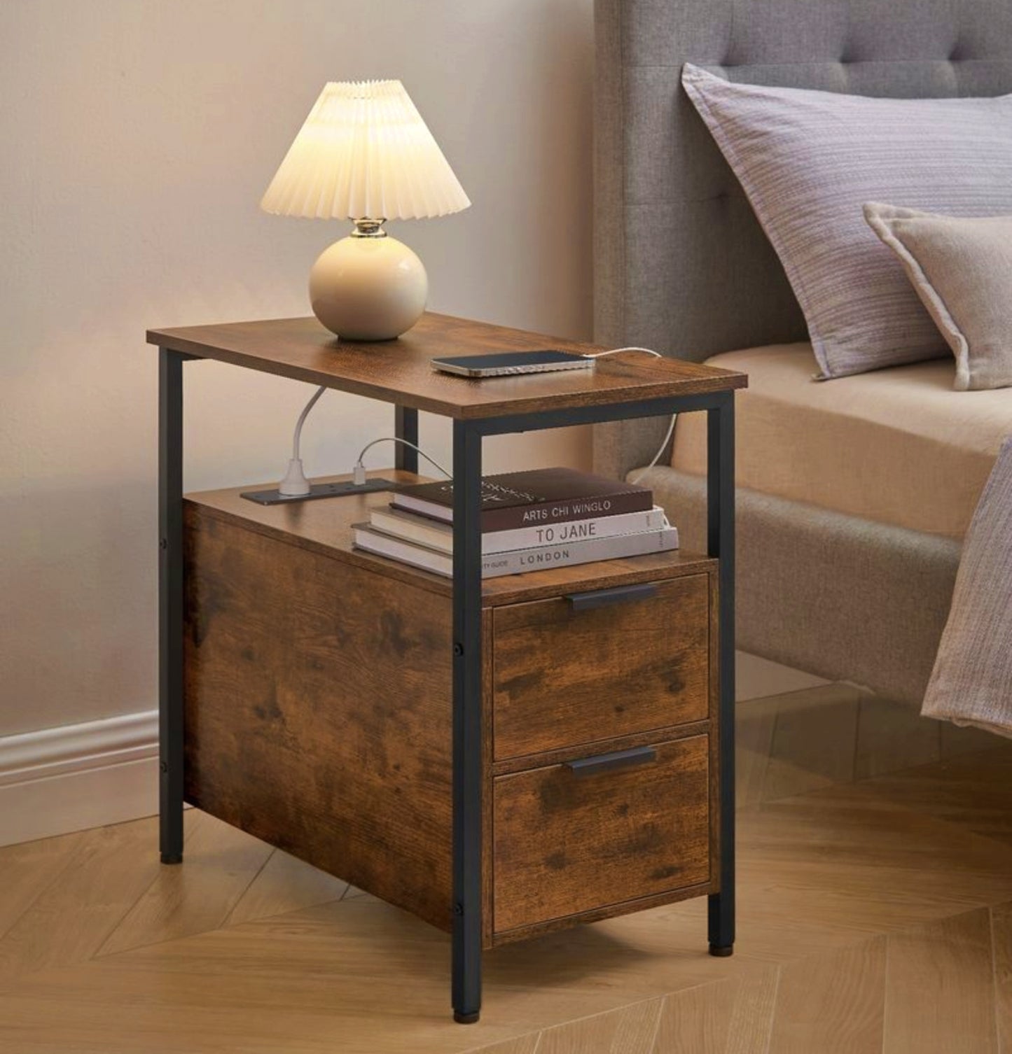 Narrow Side Table Industrial End Sofa Table Vintage Nightstand USB Storage Rack