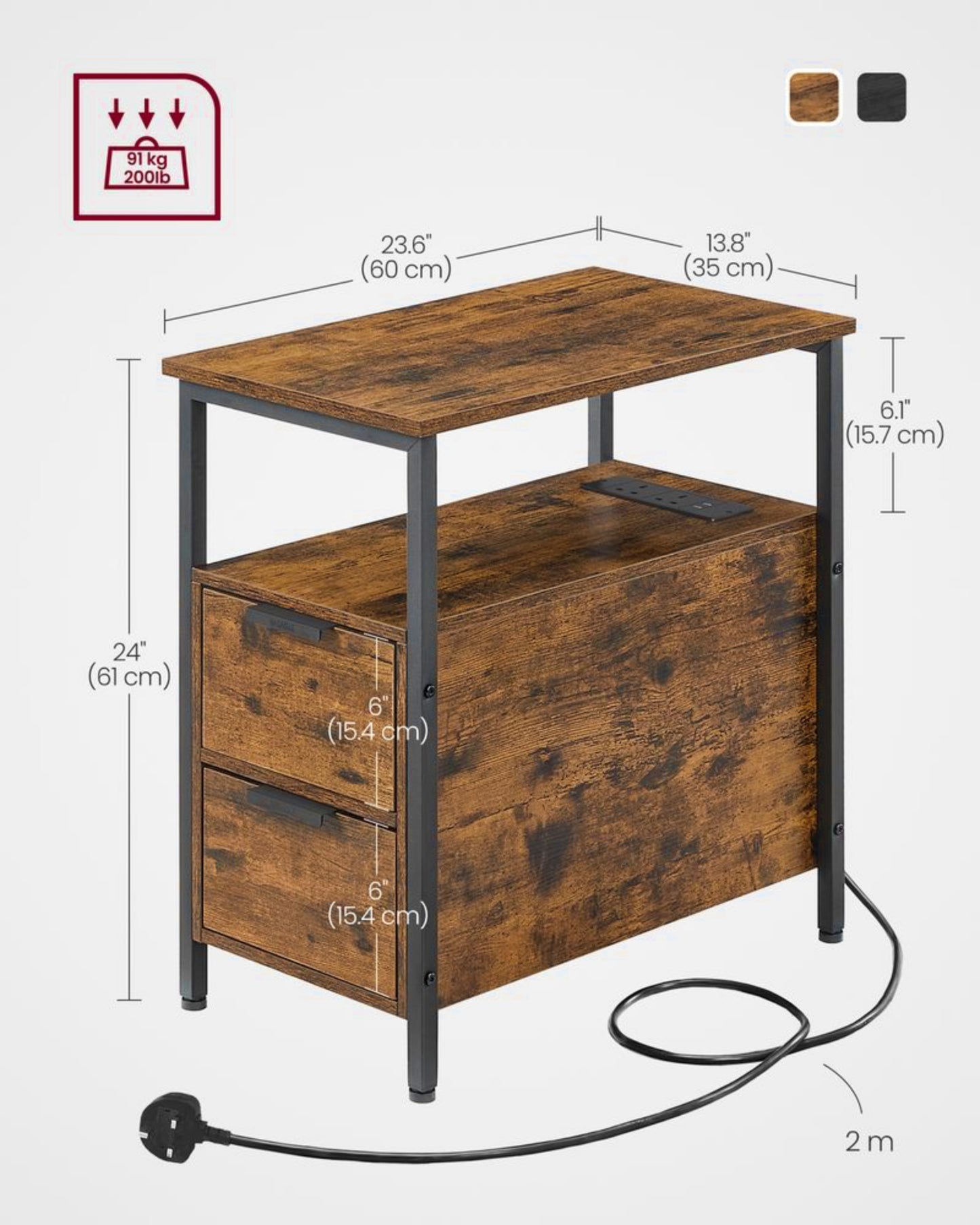 Narrow Side Table Industrial End Sofa Table Vintage Nightstand USB Storage Rack