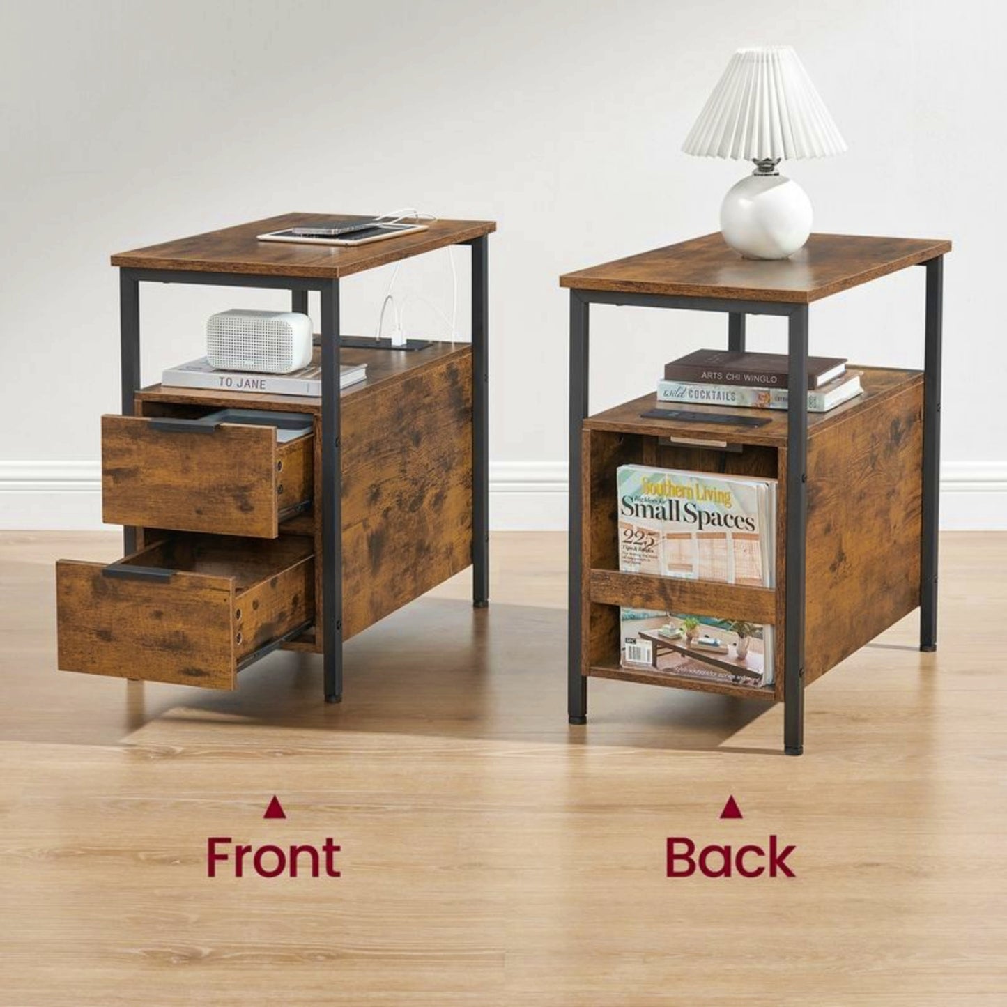 Narrow Side Table Industrial End Sofa Table Vintage Nightstand USB Storage Rack