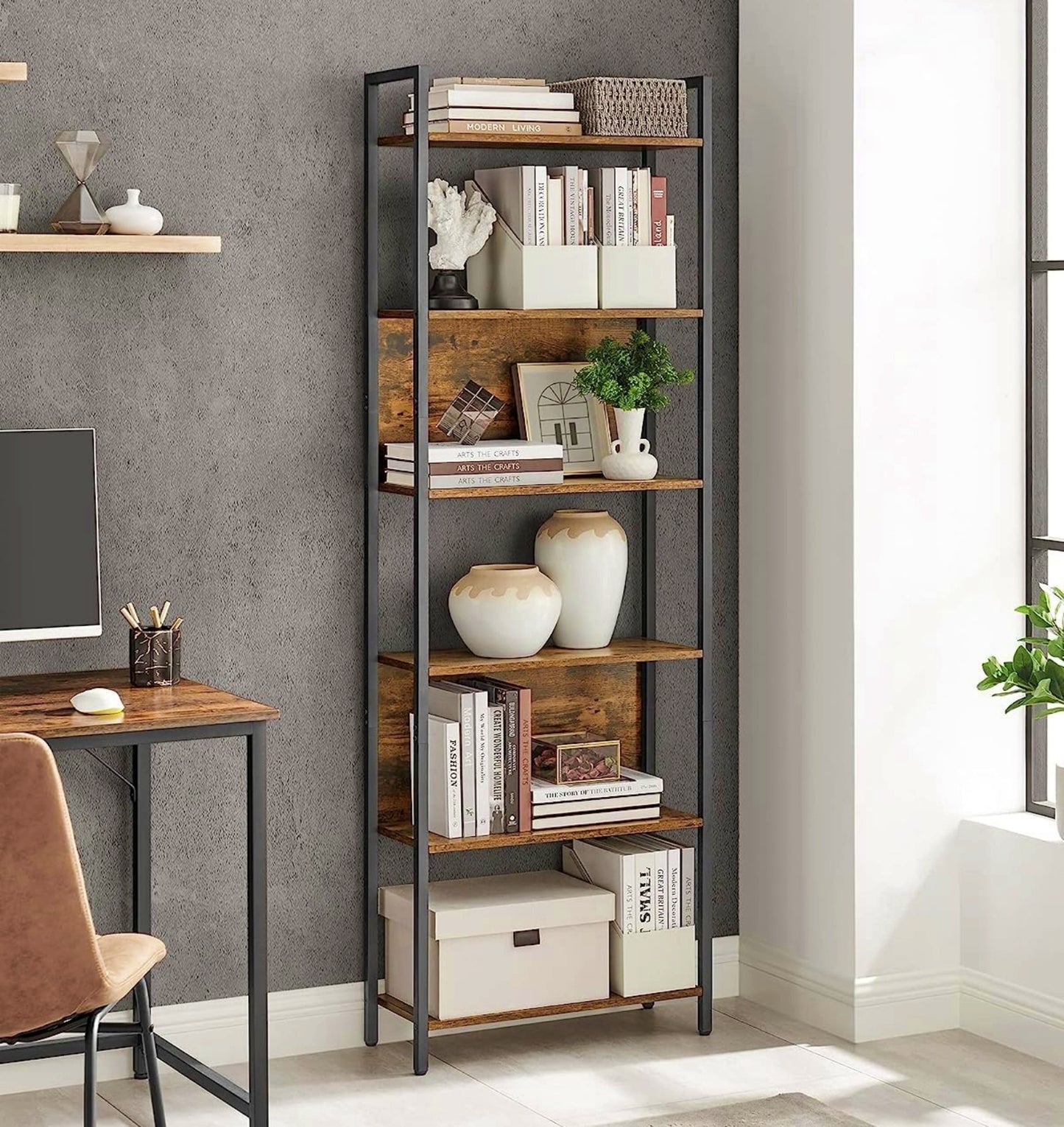 Modern Tall Bookcase Industrial Shelving Unit Home Office Storage Bookshelf