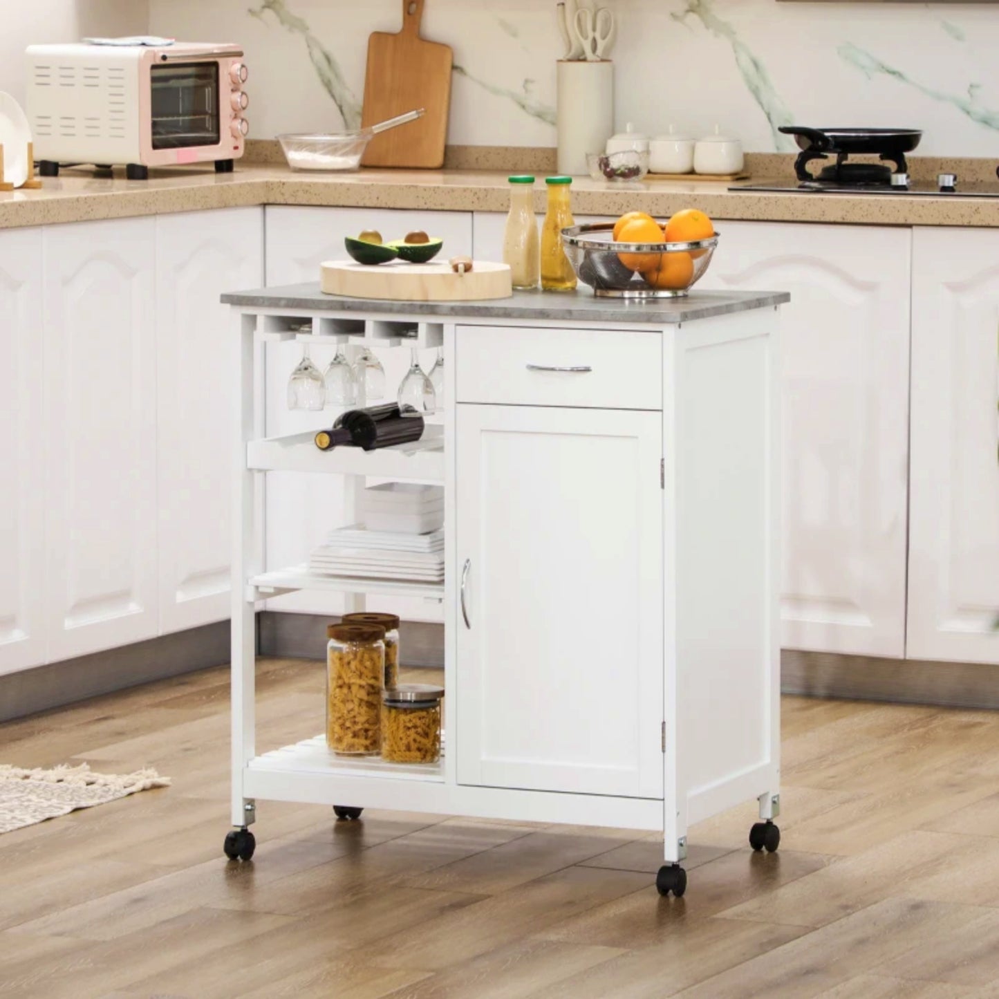 Kitchen Storage Trolley White Wine Cabinet Vegetables Rack Wooden Pantry Island