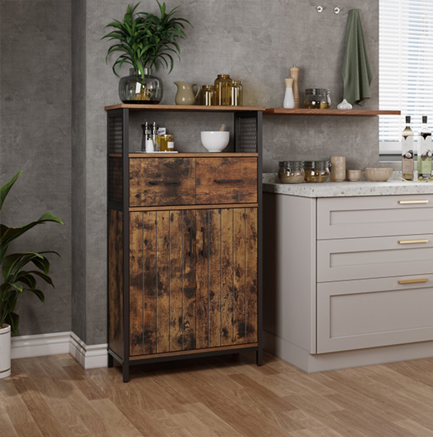 Rustic Storage Cabinet Industrial Slim Sideboard Hall Console Kitchen Cupboard