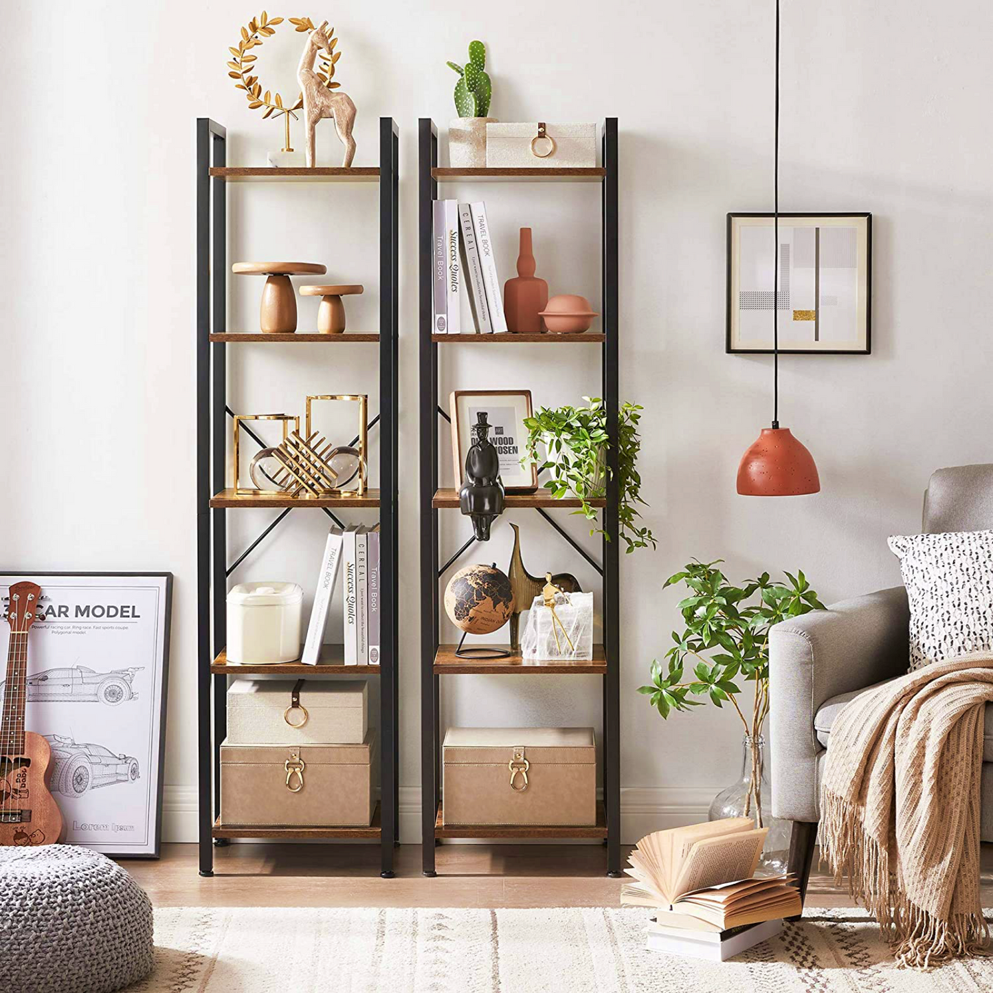 Industrial Slim Bookcase Vintage Metal Shelving Unit Rustic Home Display Cabinet