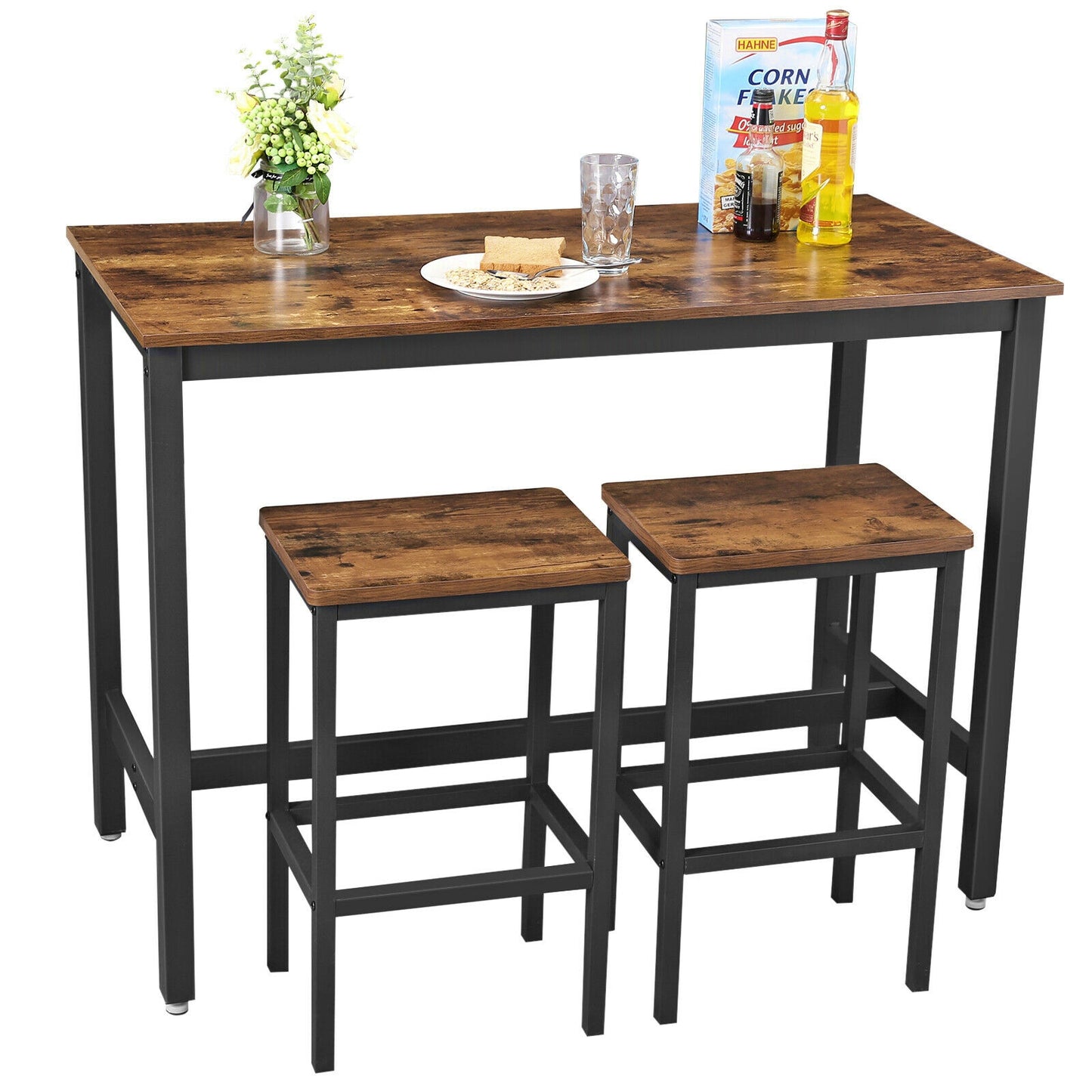 Industrial Bar Set Vintage Kitchen Breakfast Tall Table with Stools Rustic Dining Coffee Furniture