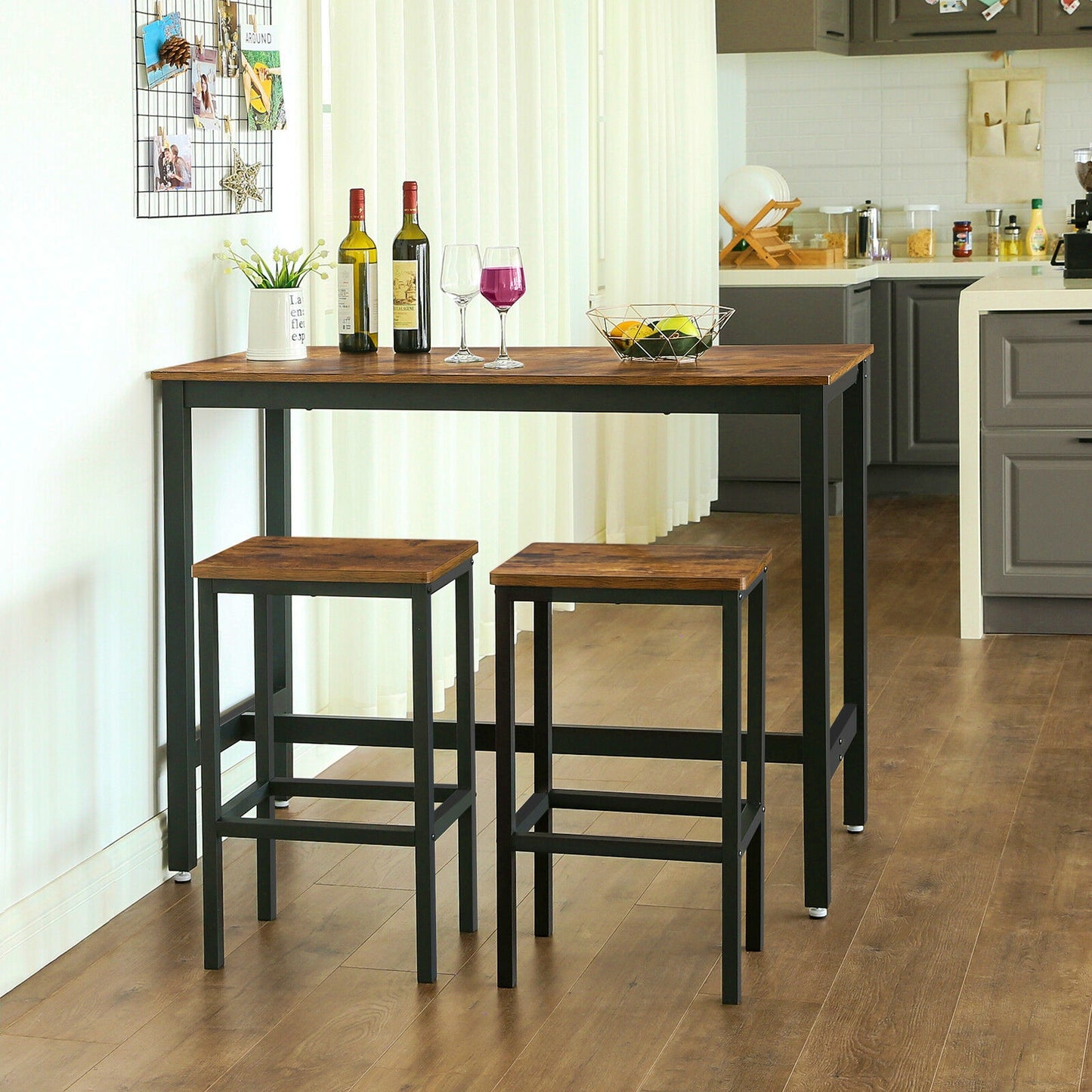 Industrial Bar Set Vintage Kitchen Breakfast Tall Table with Stools Rustic Dining Coffee Furniture