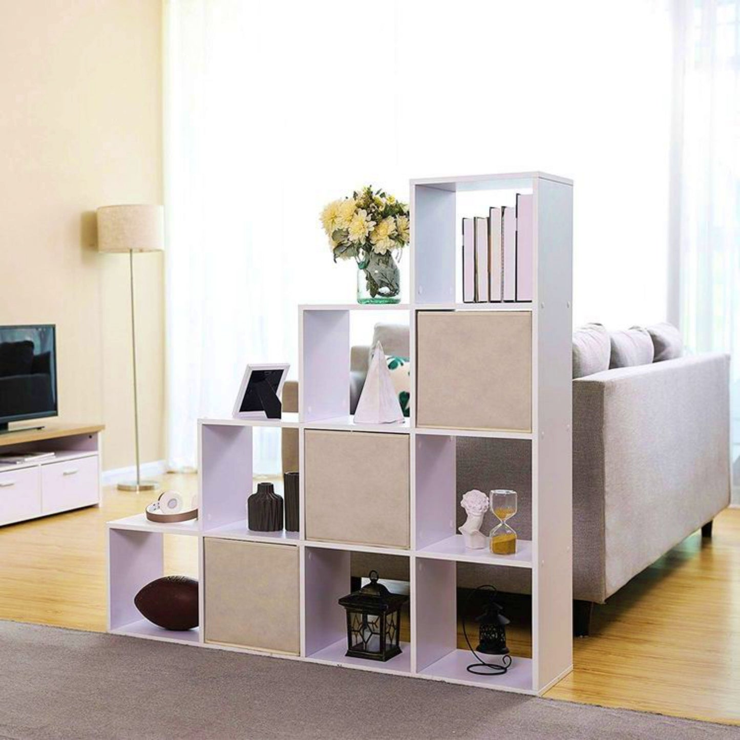 Modern White Bookcase Open Cube Shelving Unit Staircase Room Divider