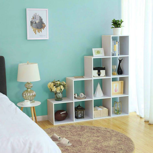 Modern White Bookcase Open Cube Shelving Unit Staircase Room Divider Home Office Contemporary Furniture