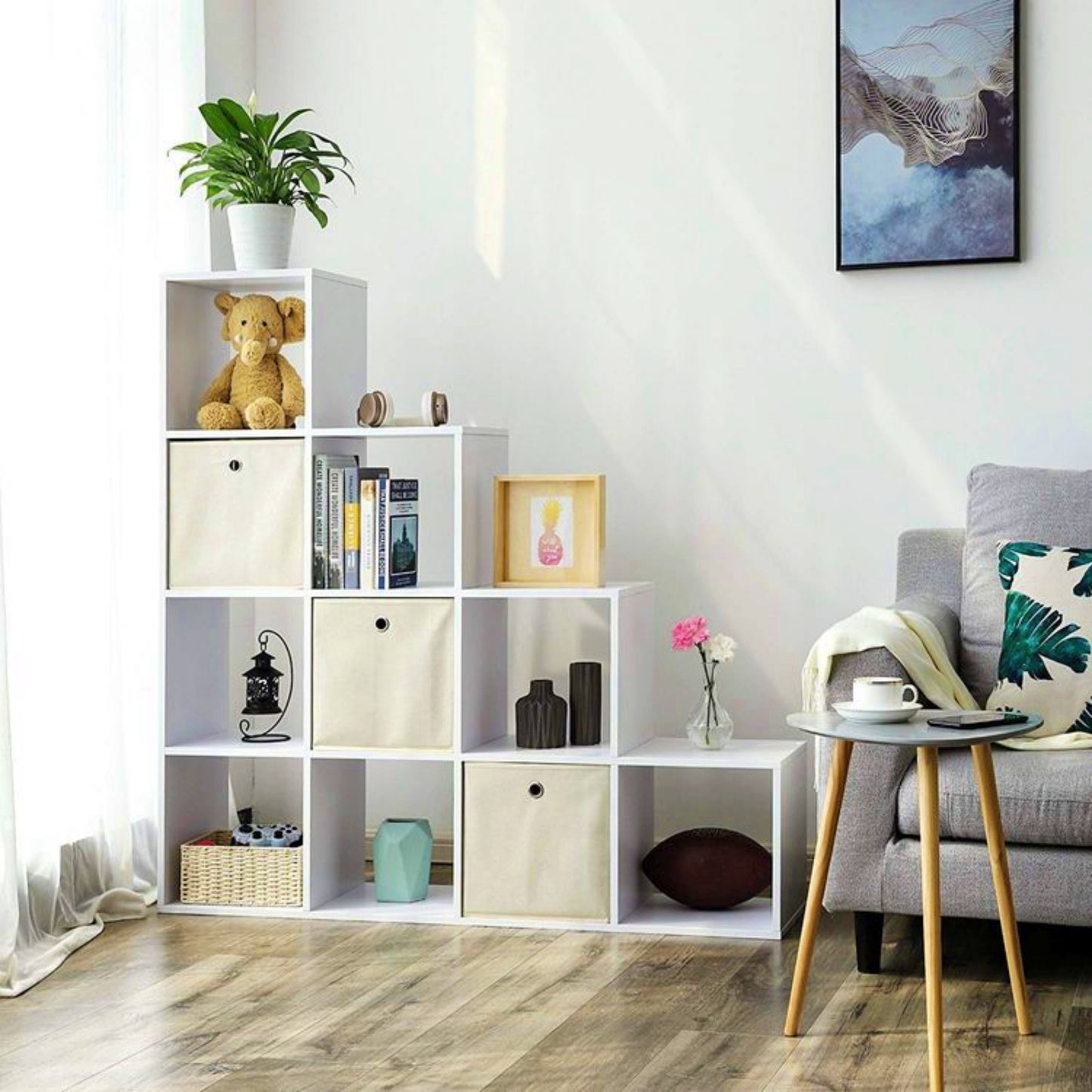 Modern White Bookcase Open Cube Shelving Unit Staircase Room Divider