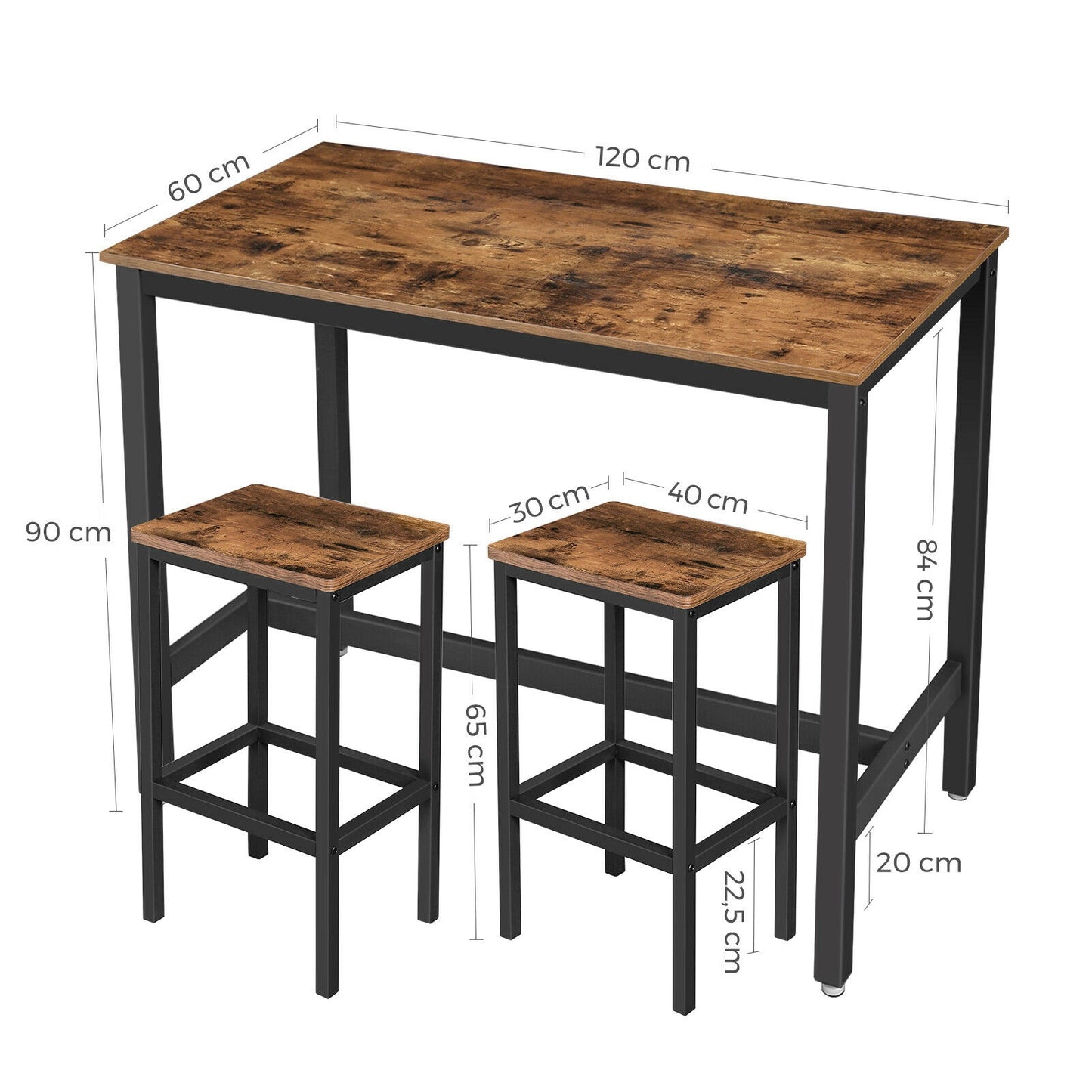 Industrial Bar Set Vintage Kitchen Breakfast Tall Table with Stools Rustic Dining Coffee Furniture