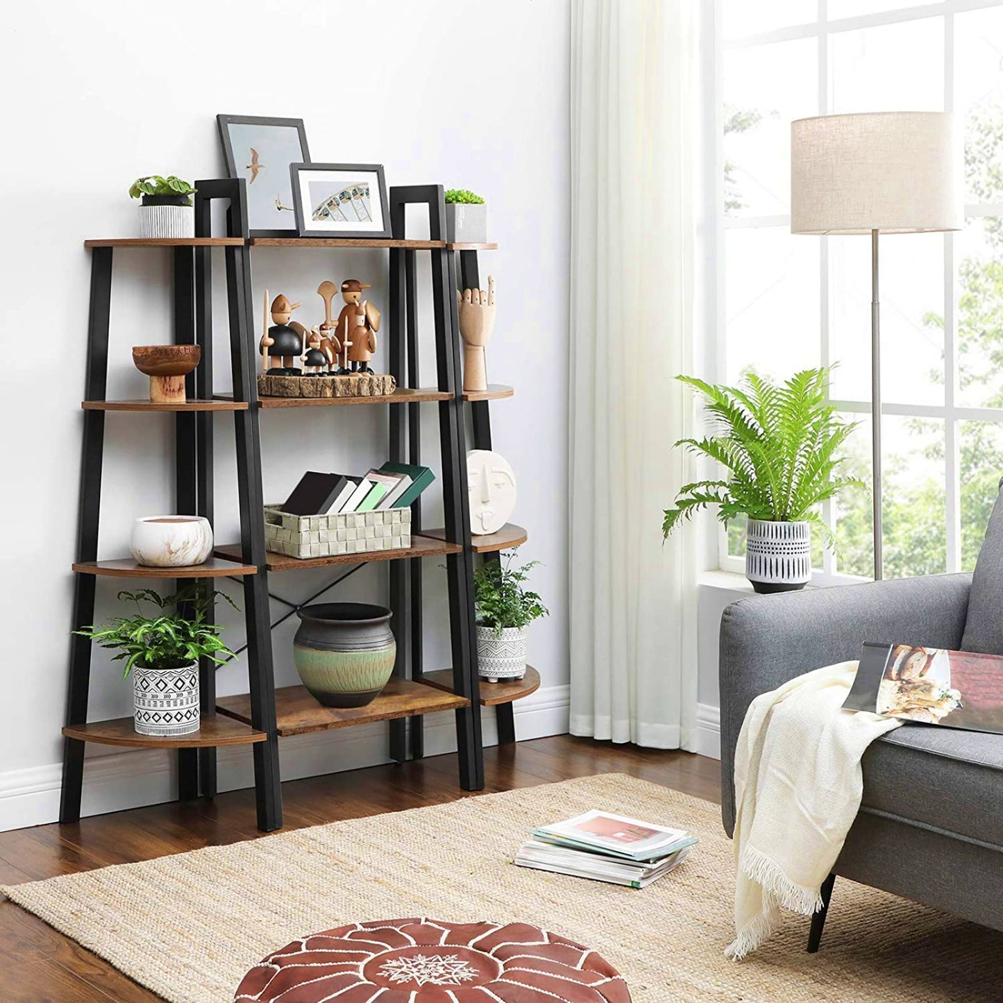 Industrial Ladder Bookcase Corner Shelving Unit Modern Home Storage Furniture