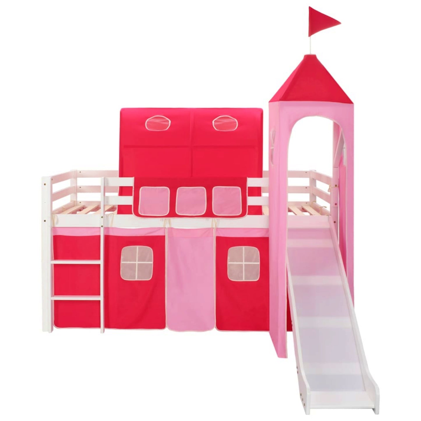 Kids Bed Frame White Playhouse Bedstead Wooden Princess Castle Pink Tunnel Tent