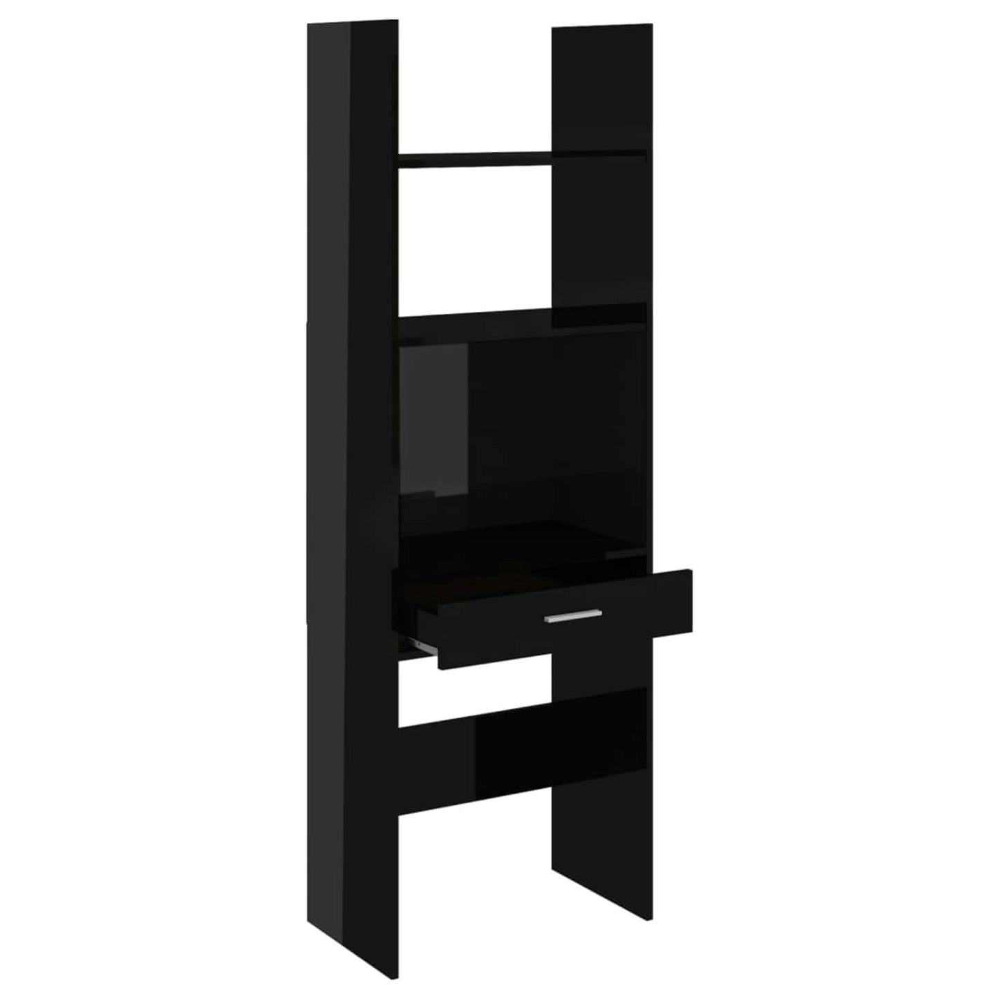 Modern Bookcase Desk Black Gloss Shelving Workstation Tall Office Storage Cabinet