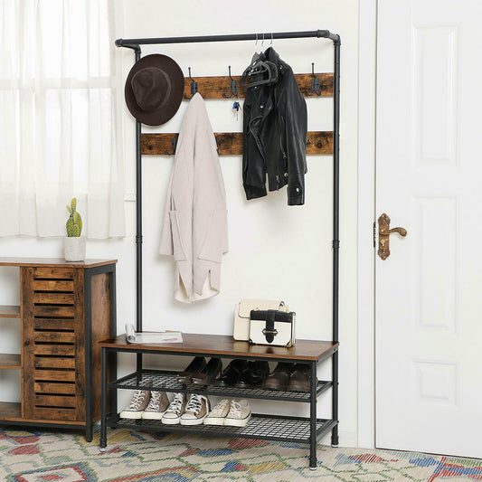 Industrial Coat Stand Tall Vintage Hallway Storage Unit Shoe Bench Rack