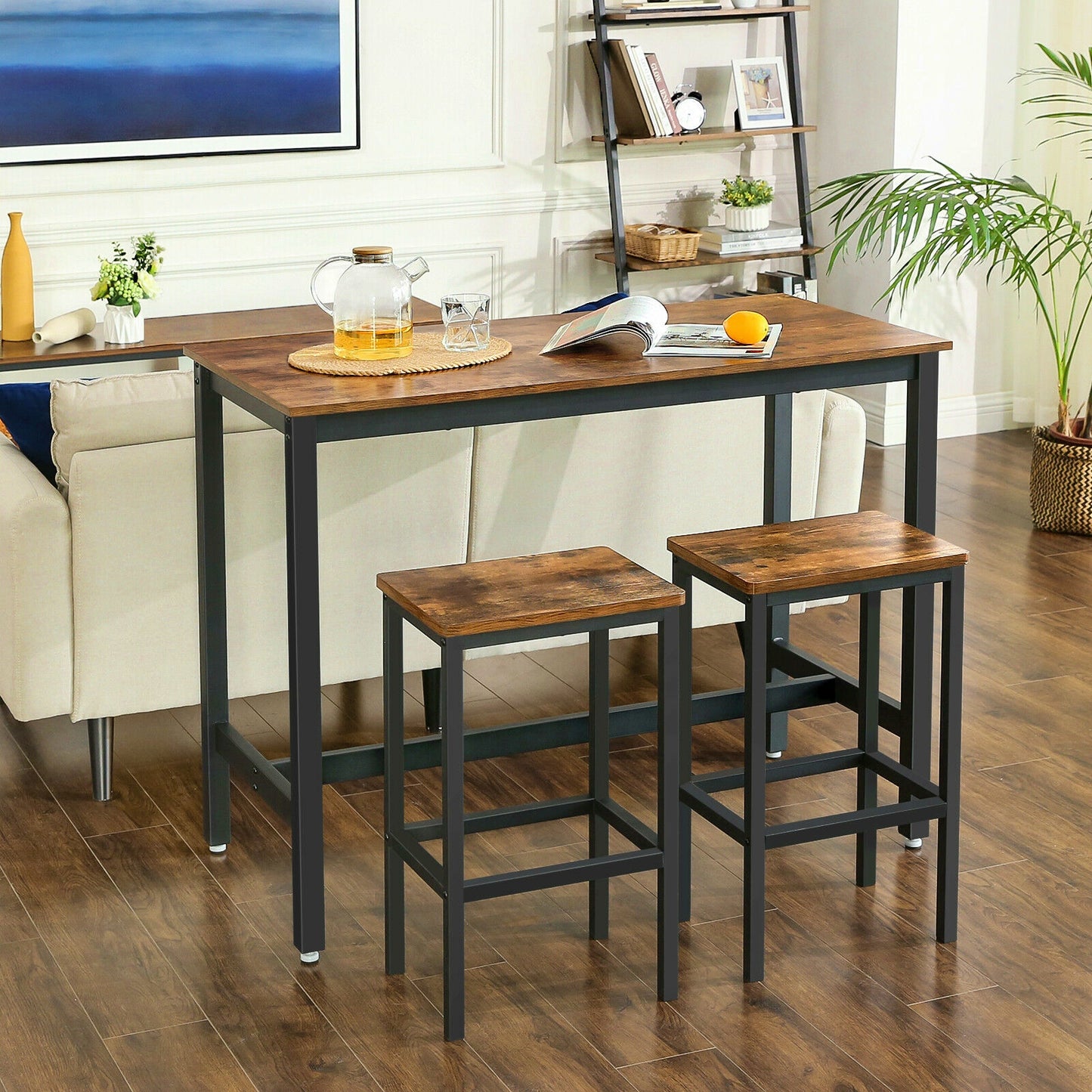 Industrial Bar Set Vintage Kitchen Breakfast Tall Table with Stools Rustic Dining Coffee Furniture