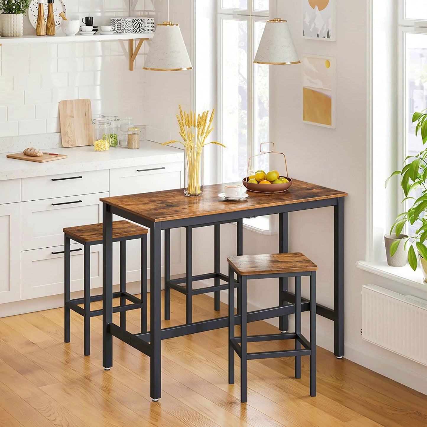 Industrial Bar Stool Set Breakfast Dining Chair Pair Rustic Wood Metal High Seat