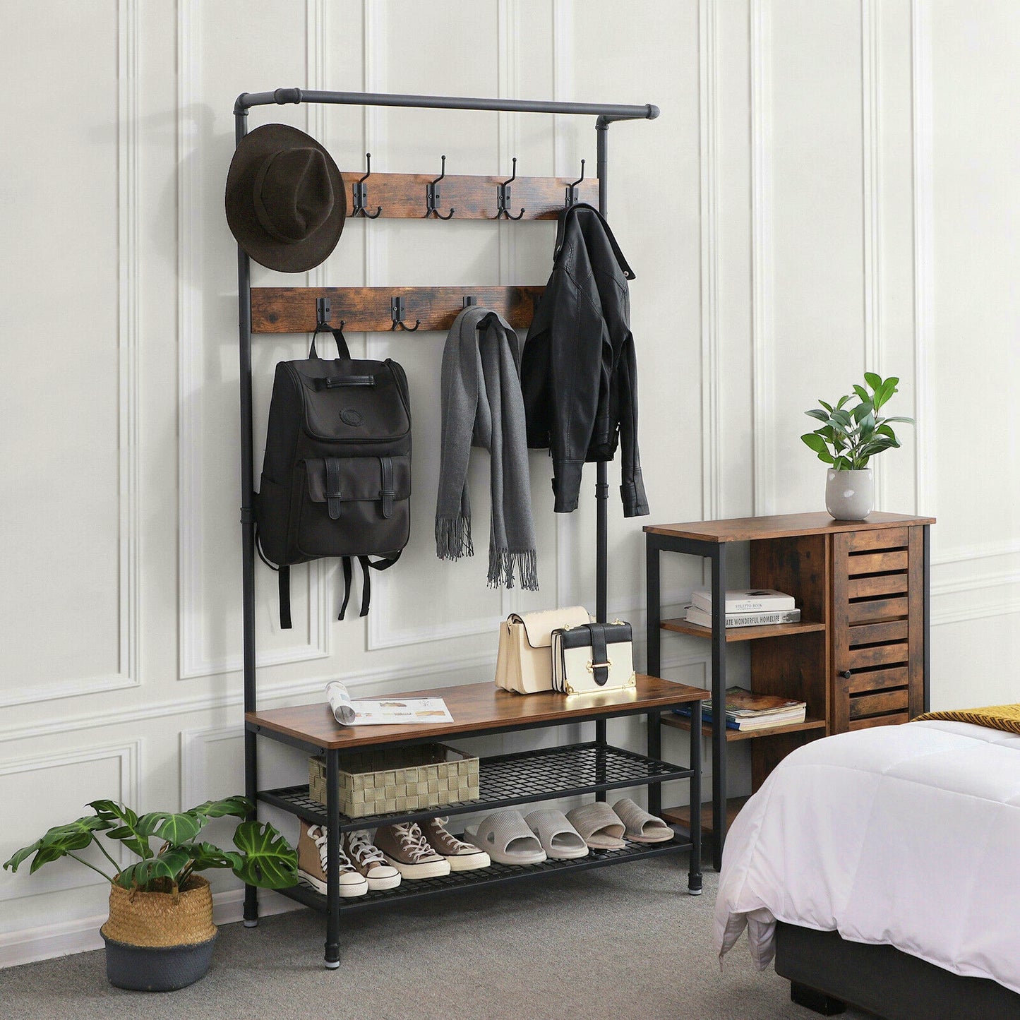 Industrial Coat Stand Tall Vintage Hallway Storage Unit Shoe Bench Rack