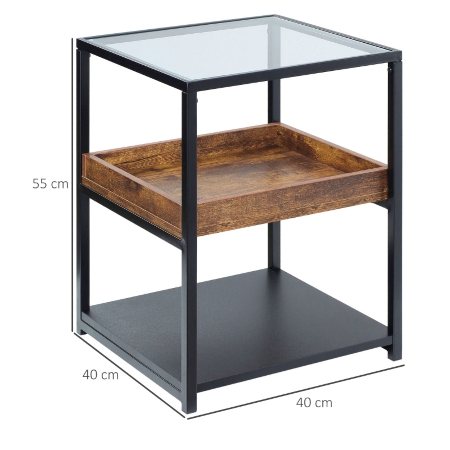 Industrial Side Table Glass Top Metal Storage Unit Sofa End Vintage Nightstand