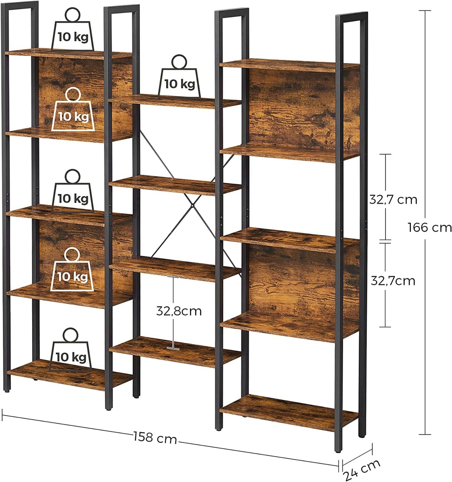 Large Industrial Bookcase Rustic Shelving Unit Modern Slim Display Bookshelf