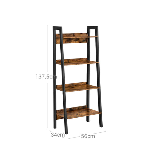 Industrial Ladder Bookcase 4 Tier Rustic Shelving Unit Metal Plant Storage Stand