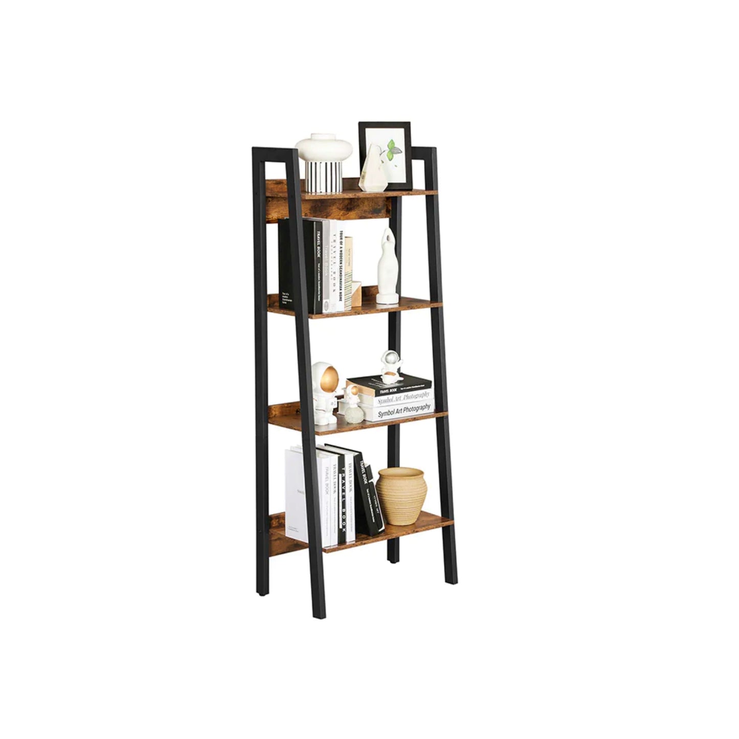 Industrial Ladder Bookcase 4 Tier Rustic Shelving Unit Metal Plant Storage Stand