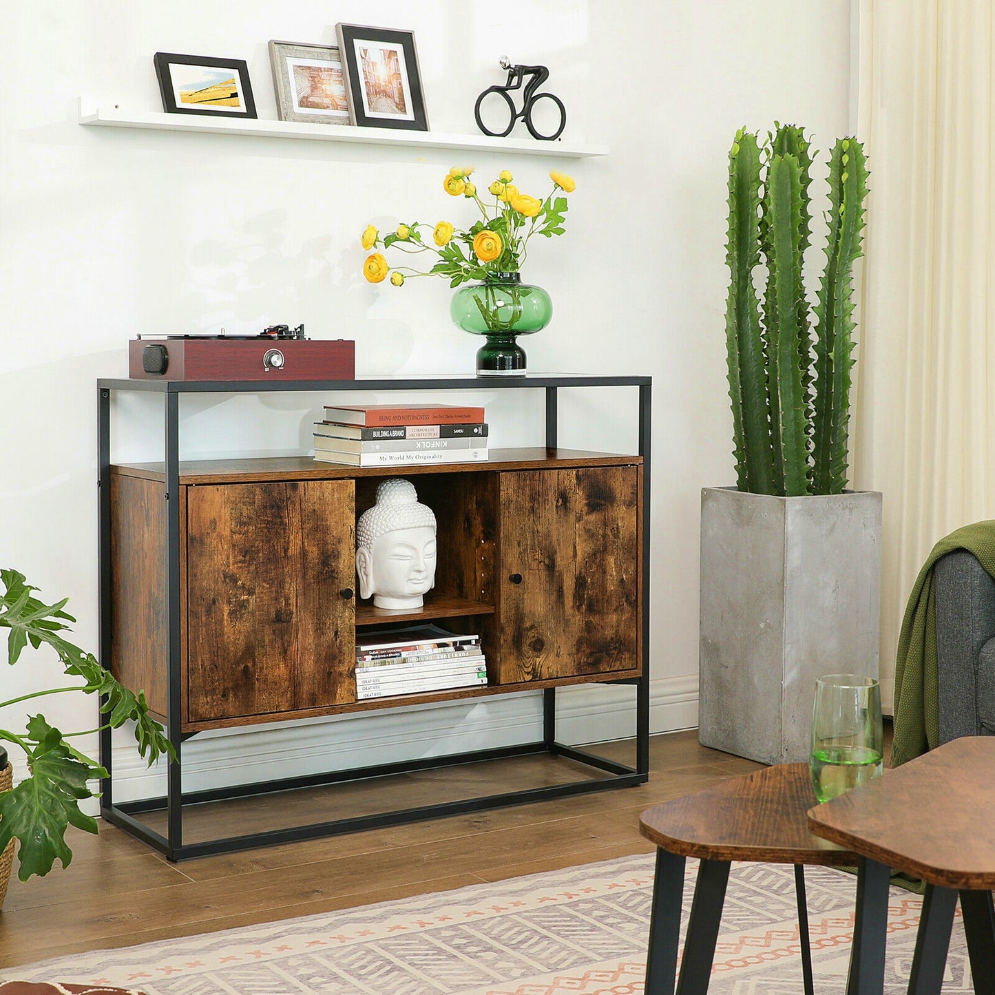 Industrial Narrow Sideboard Vintage Storage Cabinet Glass Hallway Console Table