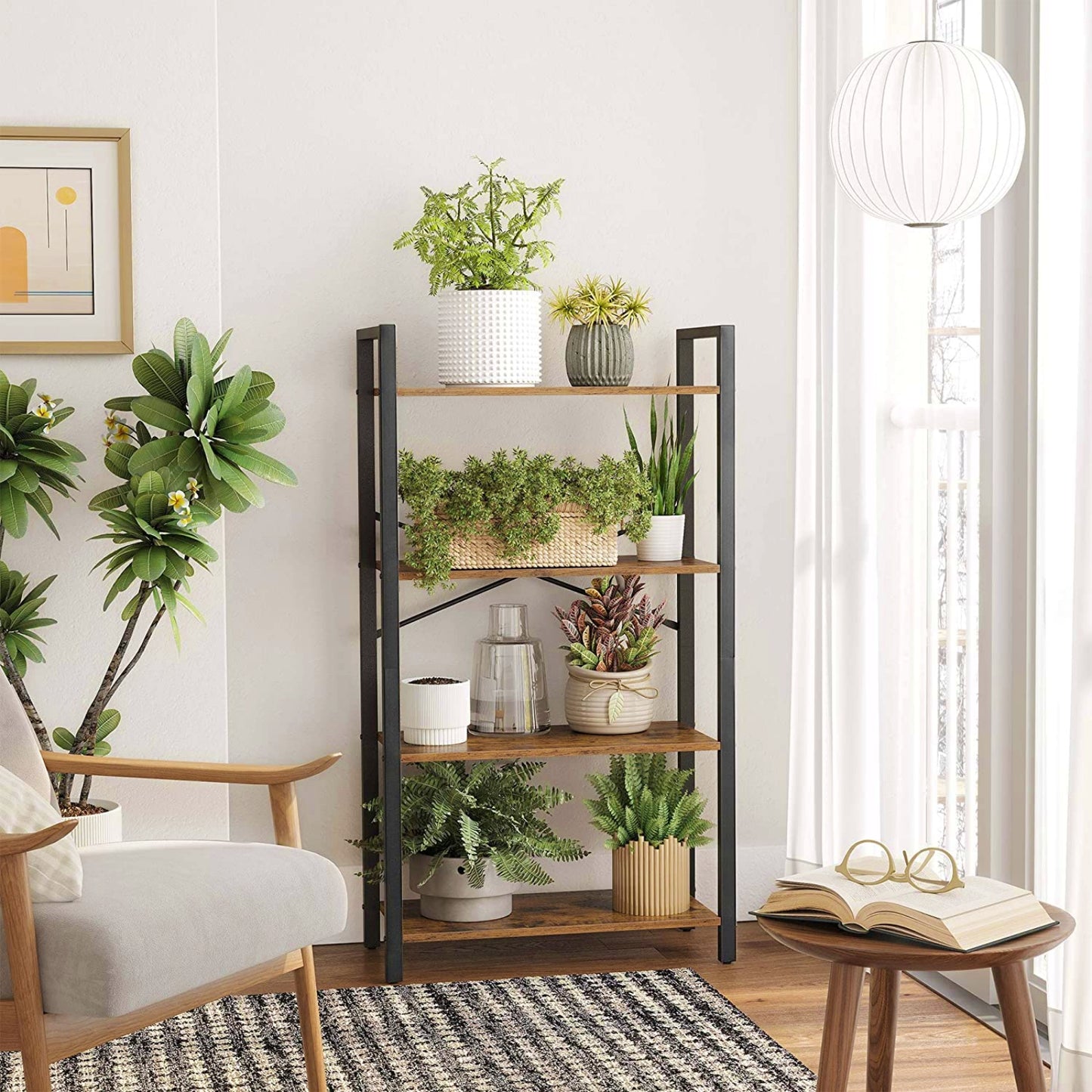 4 Tier Industrial Bookcase Rustic Shelving Unit Wood Metal Plant Storage Stand