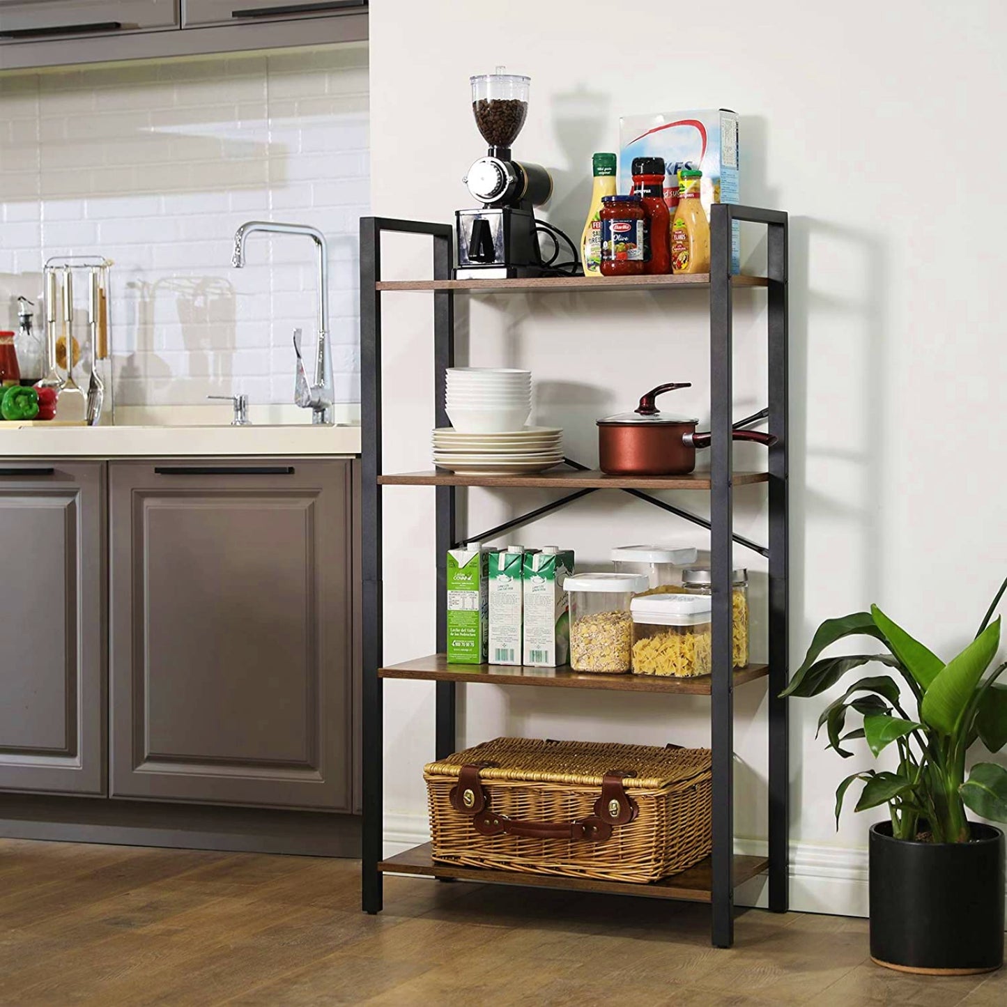 4 Tier Industrial Bookcase Rustic Shelving Unit Wood Metal Plant Storage Stand