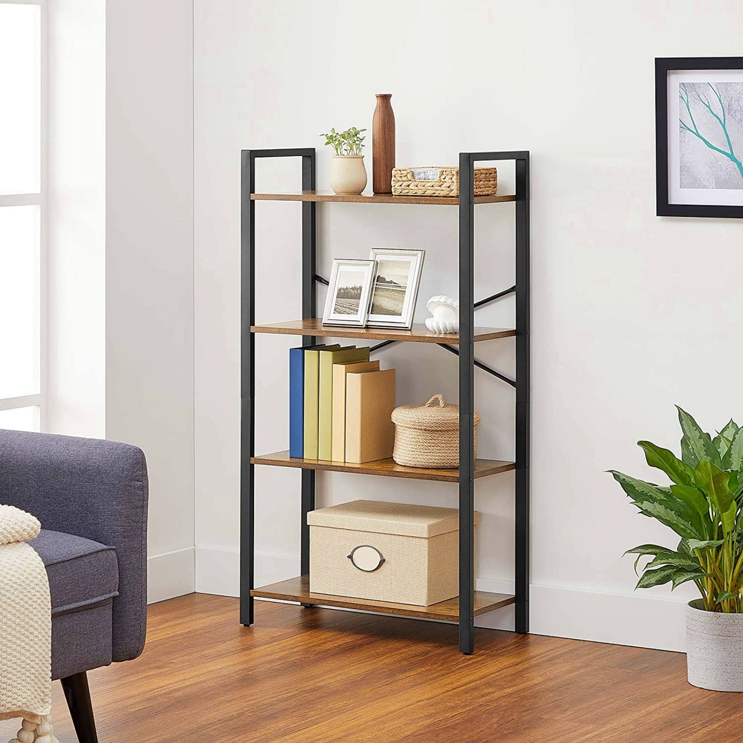 4 Tier Industrial Bookcase Rustic Shelving Unit Wood Metal Plant Storage Stand