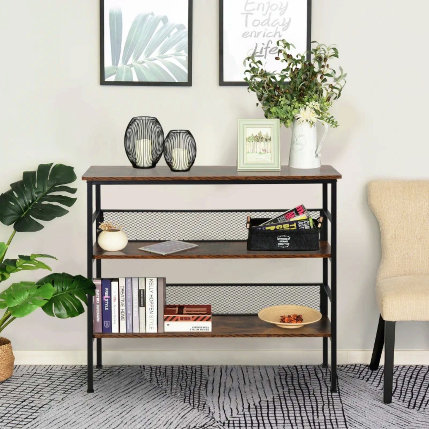 Industrial Storage Console Table Rustic Metal Shelving Unit Lounge Office Bookcase