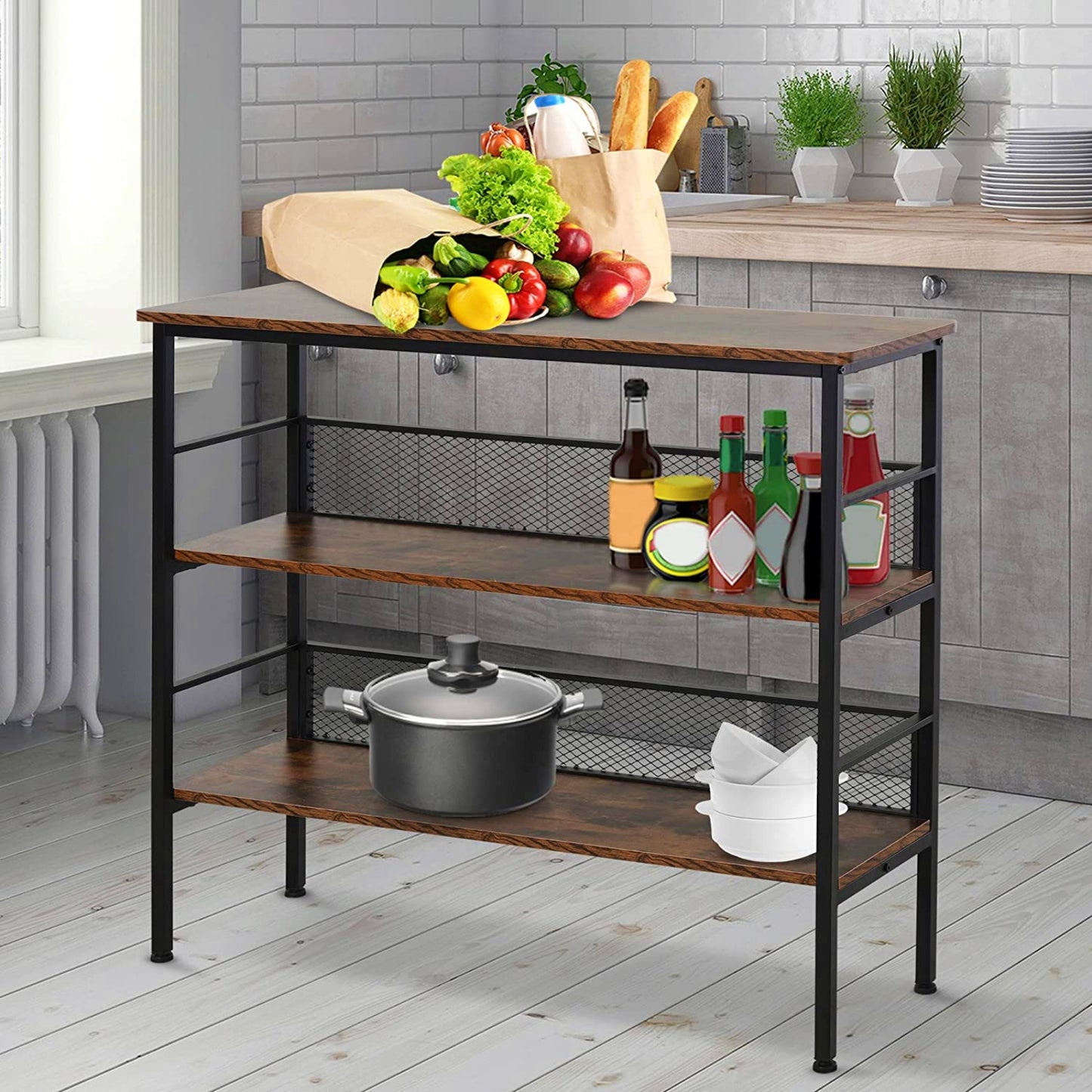 Industrial Storage Console Table Rustic Metal Shelving Unit Lounge Office Bookcase 