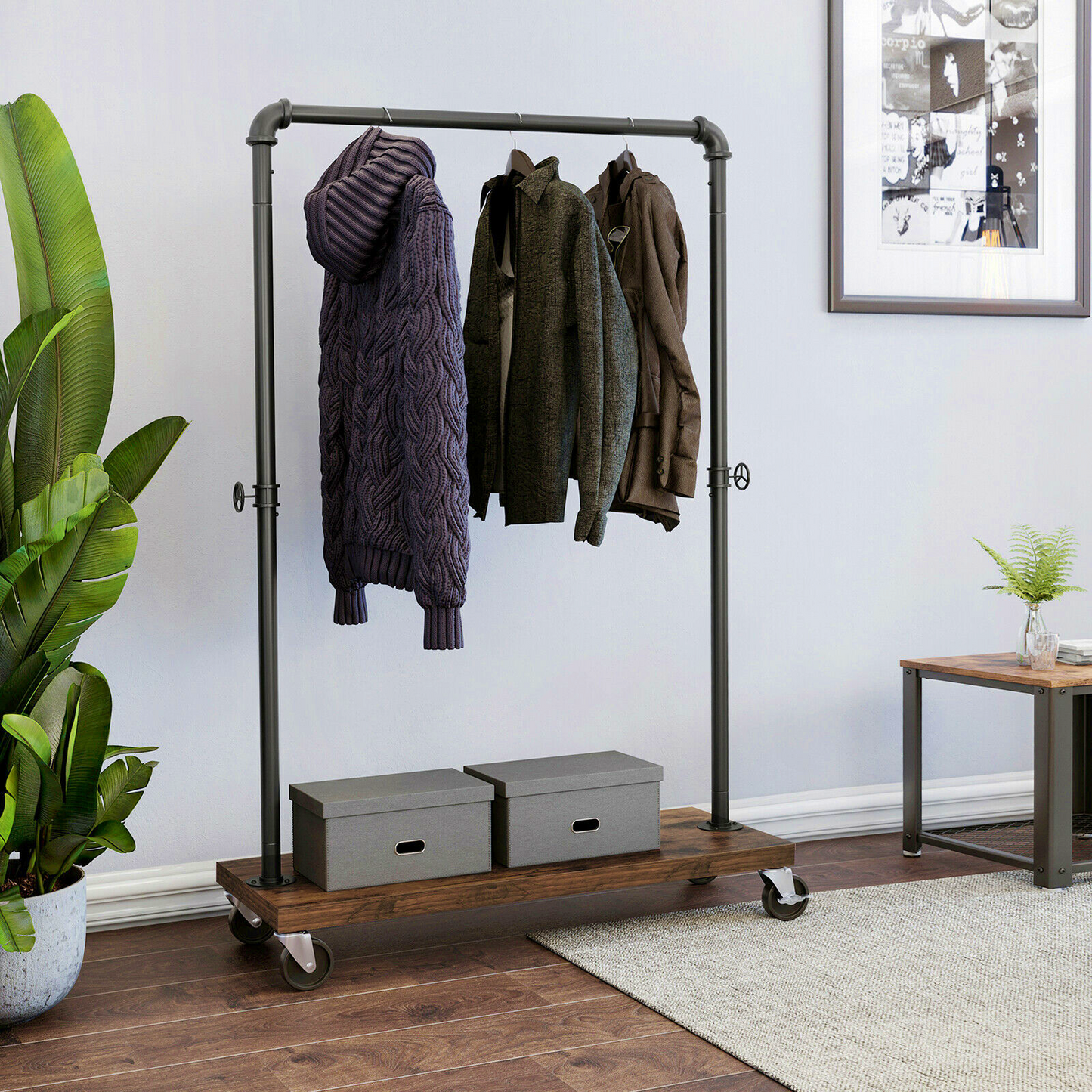 Industrial Coat Rack Hallway Clothes Storage Rustic Bedroom Organiser Vintage Brown Shoe Shelf Black Metal Pipe