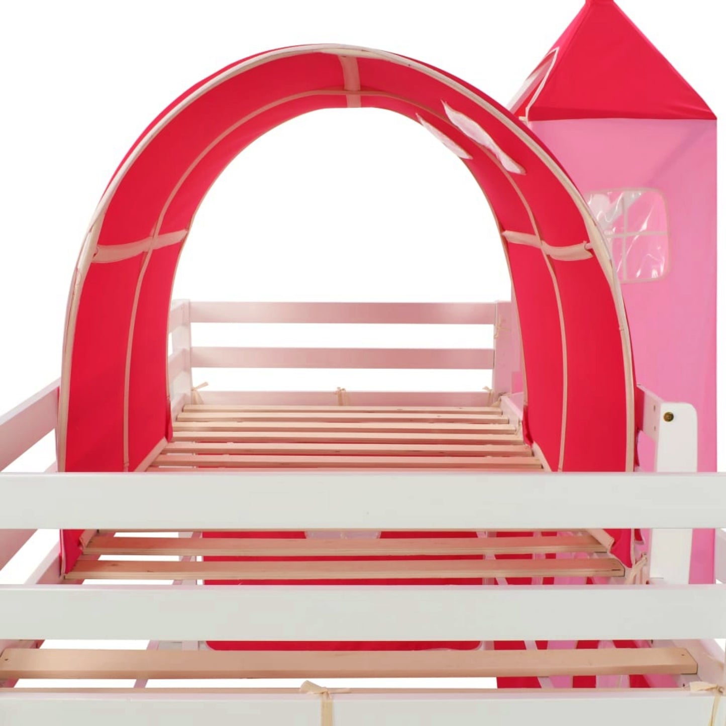 Kids Bed Frame White Playhouse Bedstead Wooden Princess Castle Pink Tunnel Tent