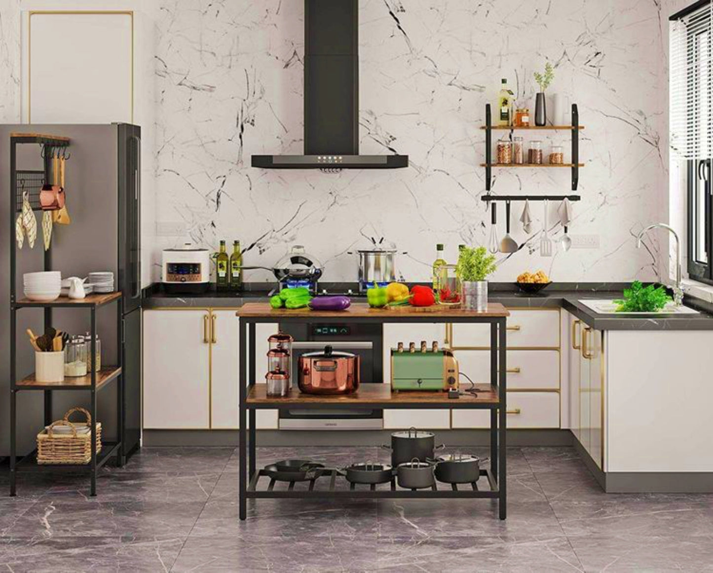 Kitchen Open Shelving Unit Industrial Breakfast Bar Table Coffee Machine Microwave Storage Island