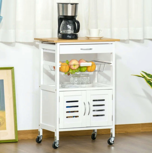 Kitchen Trolley Cabinet White Storage Cart Veggies Fruit Rack Modern Island 