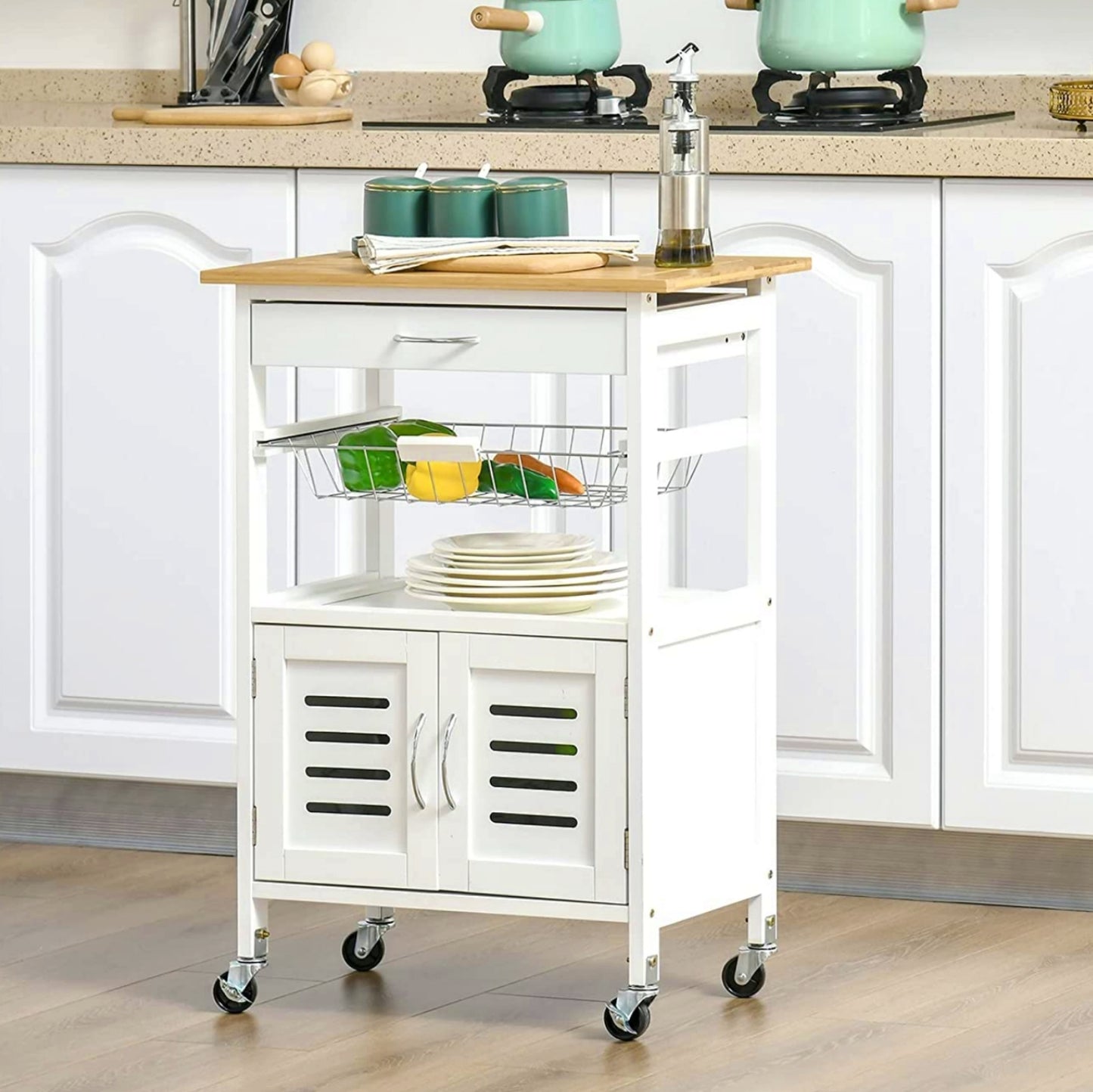 Kitchen Trolley Cabinet White Storage Cart Veggies Fruit Rack Modern Island