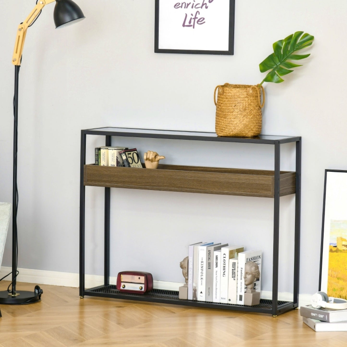 Lounge Console Table Industrial Hallway Slim Cabinet Sofa End Unit Glass Top Sideboard