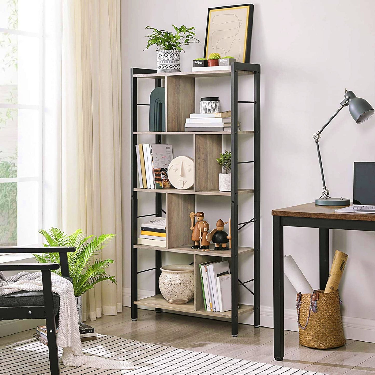 Modern Metal Bookcase Industrial Shelving Unit Home Office Lounge Bookshelf Grey