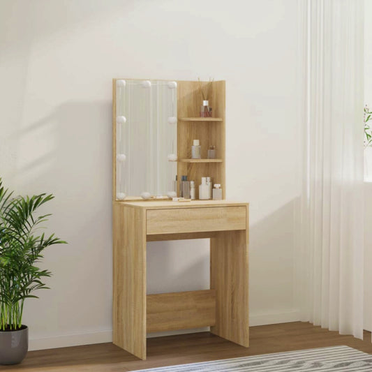 Modern Dressing Table Oak Vanity Unit Hollywood Led Mirror Makeup Storage