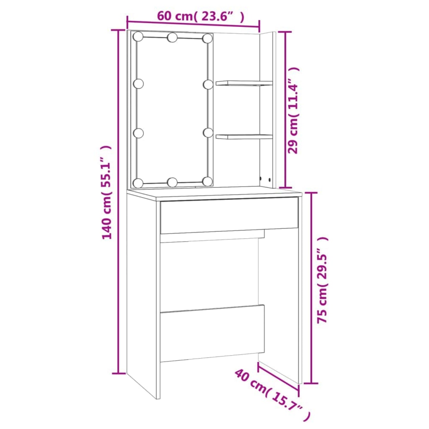 Modern Dressing Table Oak Vanity Unit Hollywood Led Mirror Makeup Storage