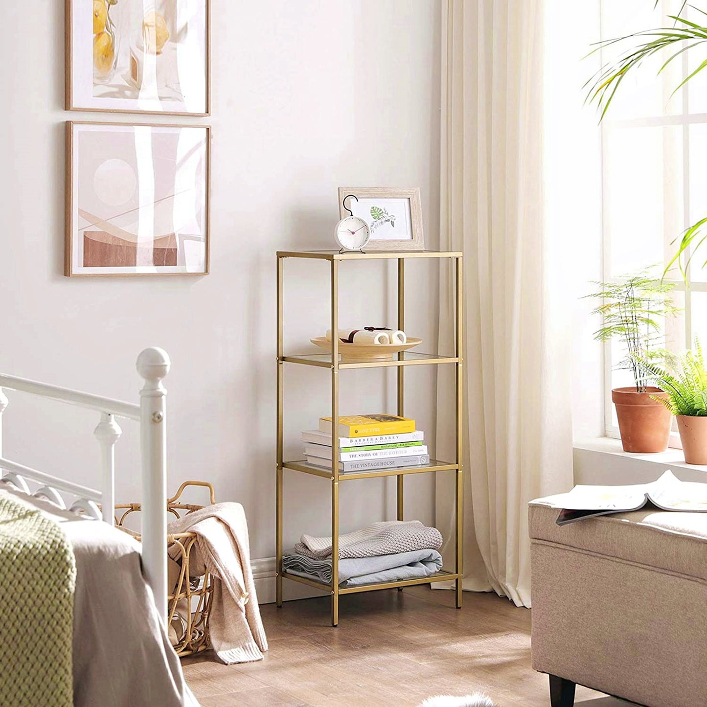 Modern Chic Shelving Unit Glass Tallboy Storage Cabinet Gold Metal Display Console