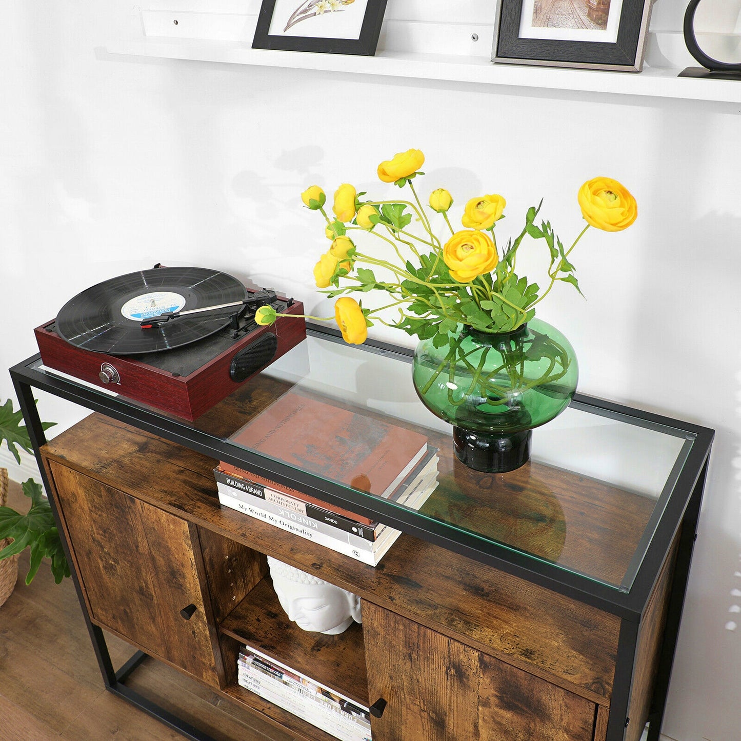 Industrial Narrow Sideboard Vintage Storage Cabinet Glass Hallway Console Table