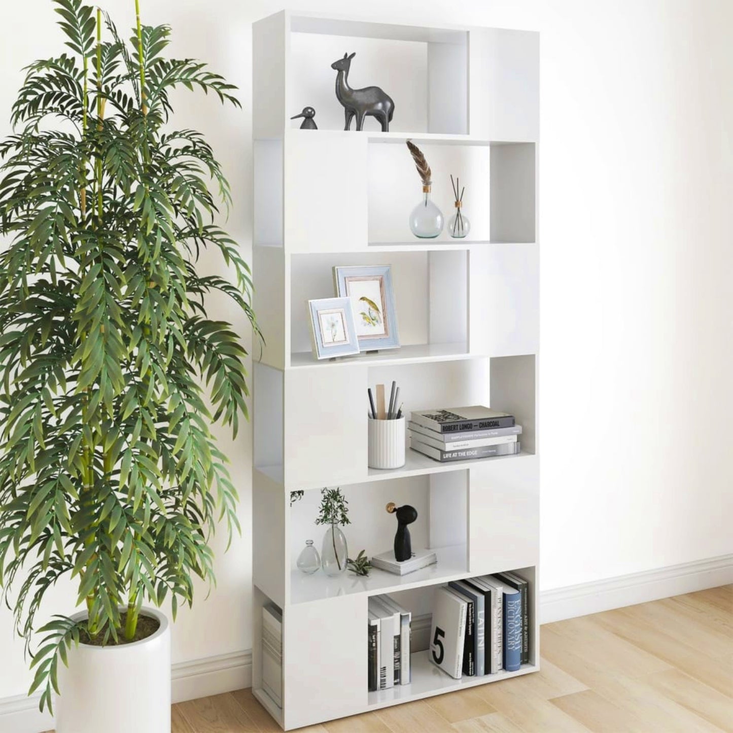 Modern Tall Bookcase White Gloss Storage Cabinet Lounge Display Shelving Unit