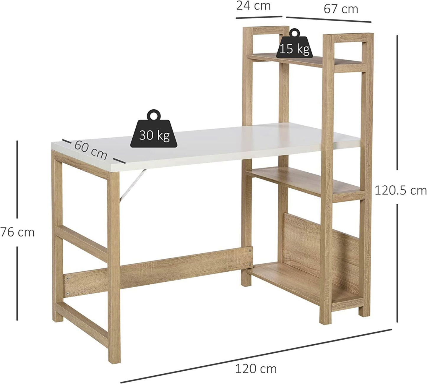 Modern White Desk Large Laptop PC Stand Contemporary Side Bookcase Writing Workstation