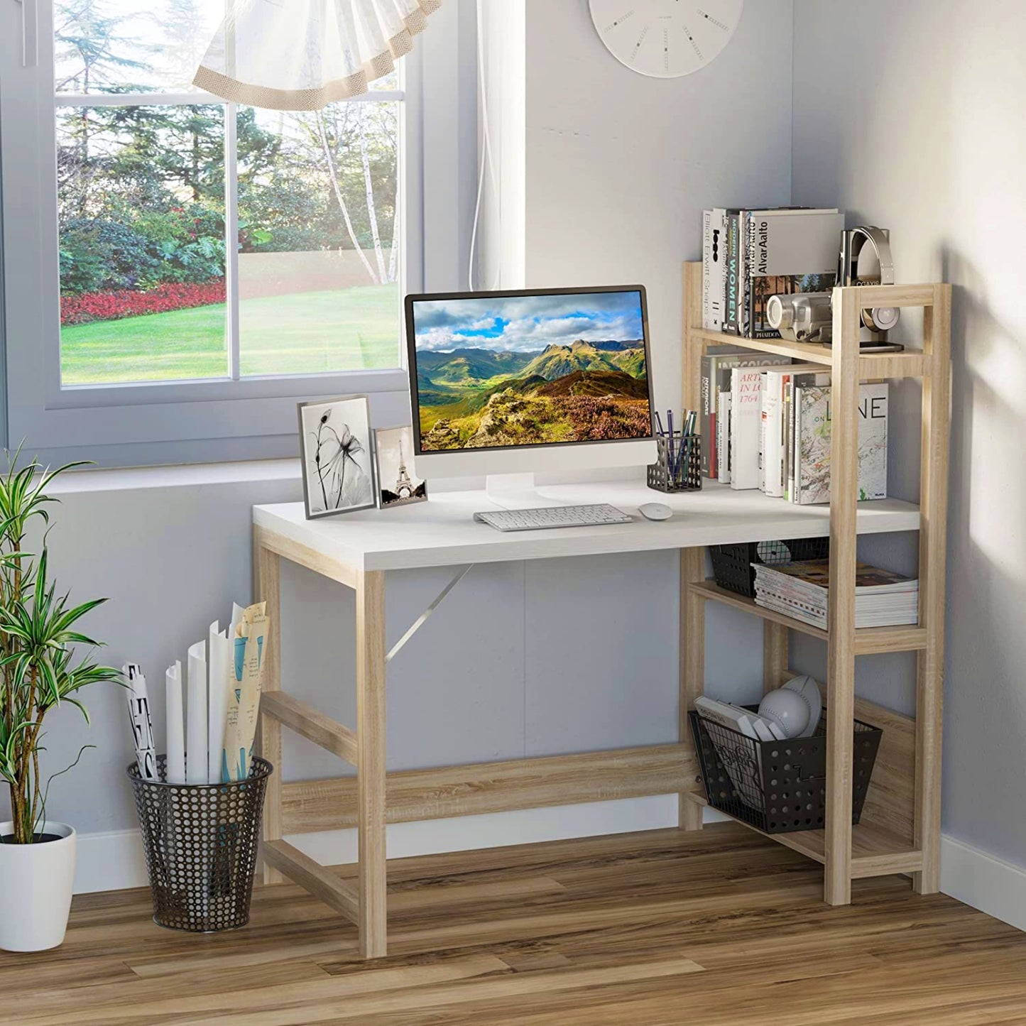 Modern White Desk Large Laptop PC Stand Contemporary Side Bookcase Writing Workstation